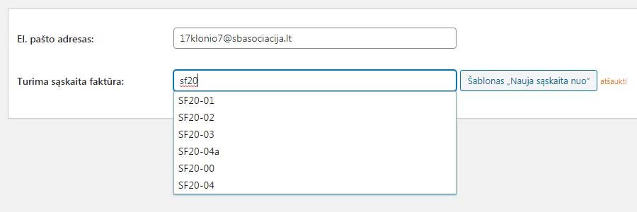 Į apatinį laukelį įveskite sąskaitos pavadinimo pirmuosius simbolius (pvz., SF20), kad pasirinkti sąskaitą iš turimų sąskaitų sąrašo.