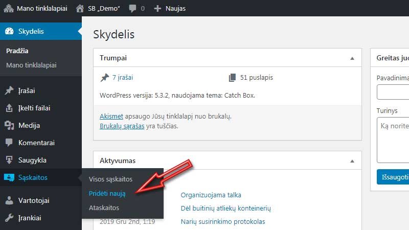 Norint sukurti naują sąskaitą faktūrą, nuspauskite „Sąskaitos“ >> „Pridėti naują“ „WordPress“ skydelyje.