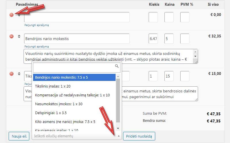 Sąskaitos faktūros eilučių elementų įvedimas