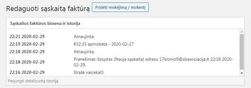 Sąskaitos faktūros būsena ir istorija – visi žurnalo įrašai