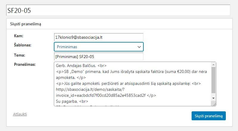 Pranešimas vartotojui apie išrašytą sąskaitą faktūrą